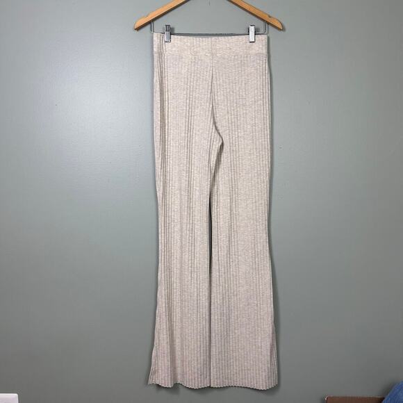 H&M Ribbed Knit Flare Pants Oatmeal Tan High Rise Lightweight Loungewear Small - Picture 3 of 7